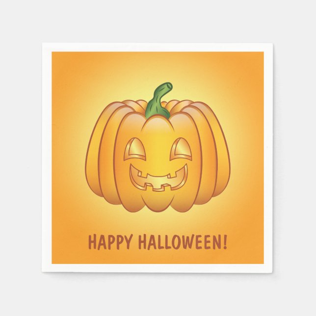 Orange Cartoon Pumpkin And Happy Halloween Text Napkin (Front)