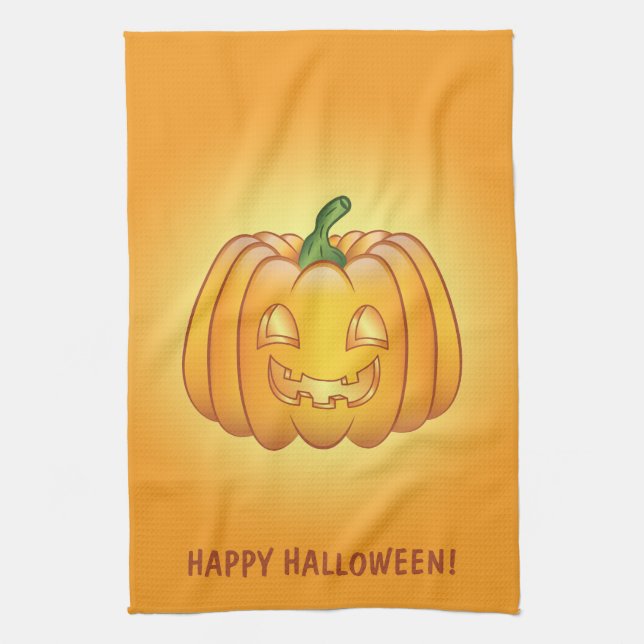 Orange Cartoon Pumpkin And Happy Halloween Text Tea Towel (Vertical)
