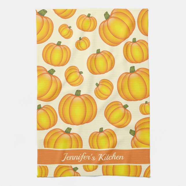 Orange Cartoon Pumpkin Pattern And Custom Text Tea Towel (Vertical)