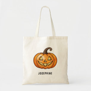 Orange Cartoon Pumpkin With Name Halloween Tote Bag