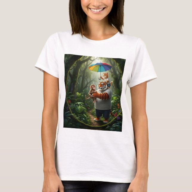 Orange cat and fat tiger rescue little monkey T-Shirt (Front)