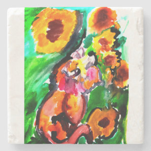 Orange Cat and sunflowers Stone Coaster