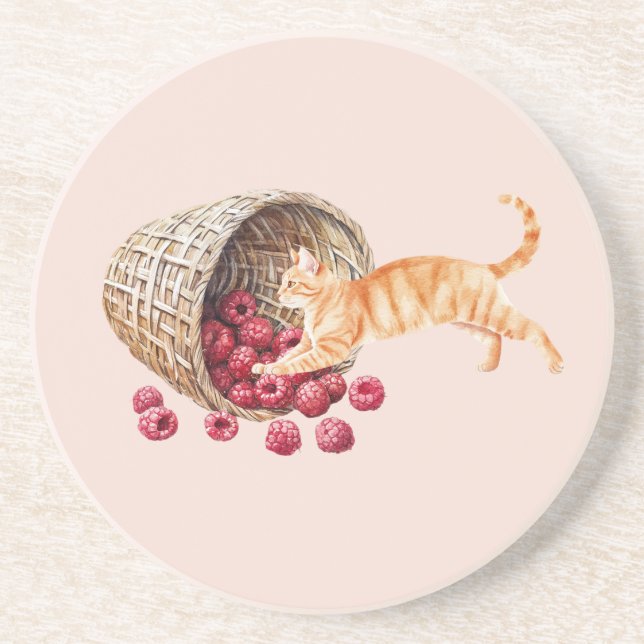Orange Cat Basket of Red Berries Coaster (Front)