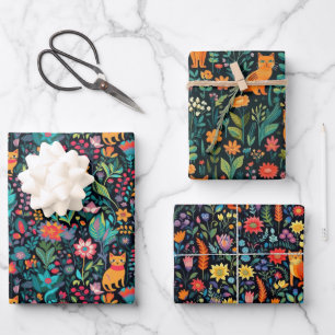 Orange Cat Botanical Wrapping Paper Sheet