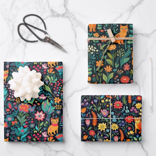 Orange Cat Botanical Wrapping Paper Sheet (Front)
