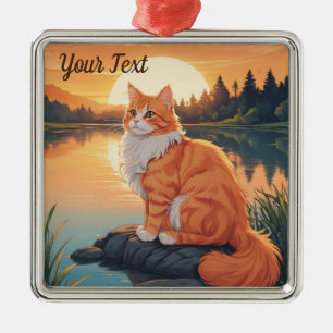 Orange Cat by Lake Metal Tree Decoration