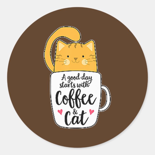 Orange Cat Coffee Cute  Classic Round Sticker (Front)