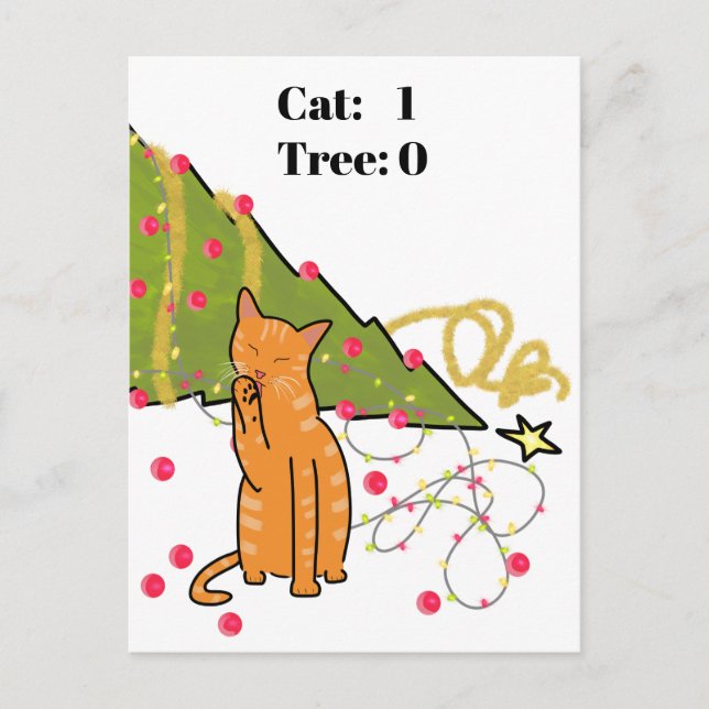 Orange Cat Destroys Christmas Tree Funny Holiday Postcard (Front)