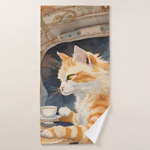 Orange Cat Drinking Tea Bath Towel Set