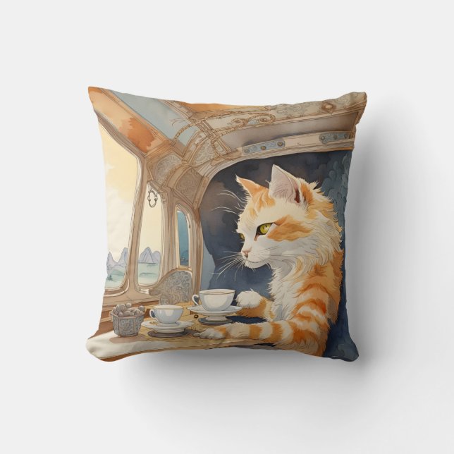 Orange Cat Drinking Tea  Cushion (Front)