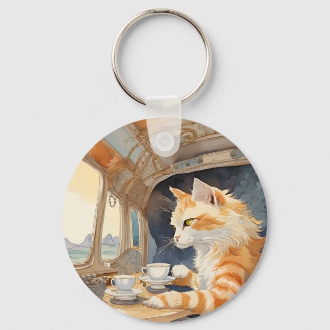 Orange Cat Drinking Tea  Key Ring (Front)