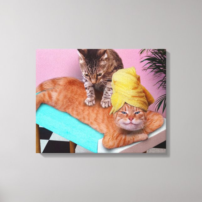 Orange cat enjoying a massage by a cat canvas print (Front)