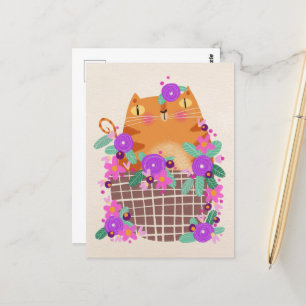 Orange cat & flowers postcard