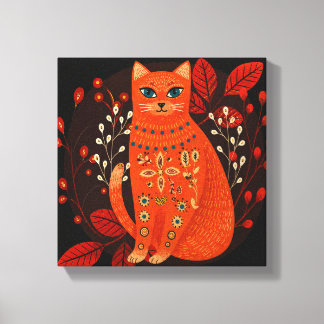 Orange Cat Folk Art Canvas Print Boho Scandinavian
