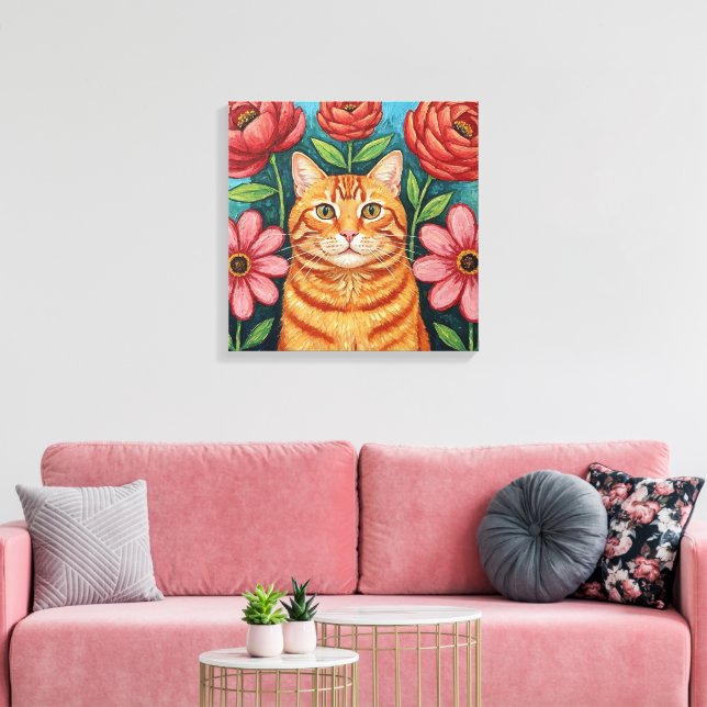 Orange Cat Folk Art Flowers Canvas Print (Insitu(LivingRoom))