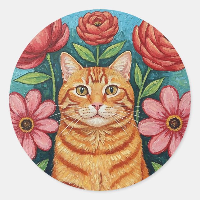 Orange Cat Folk Art Flowers Classic Round Sticker (Front)