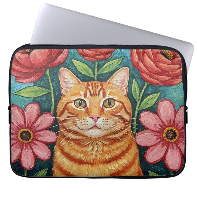 Orange Cat Folk Art Flowers Laptop Sleeve (Front)