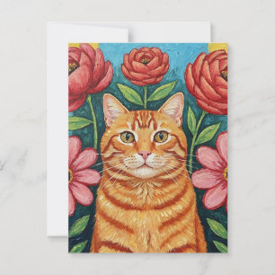 Orange Cat Folk Art Flowers Postcard
