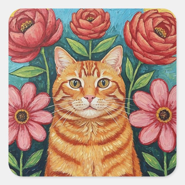 Orange Cat Folk Art Flowers Square Sticker (Front)