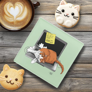 Orange Cat Funny Laptop Green Work Home Glass Coaster