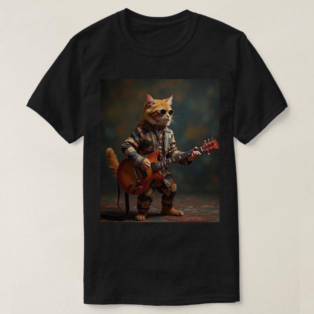 Orange Cat Guitar Player T-Shirt (Design Front)