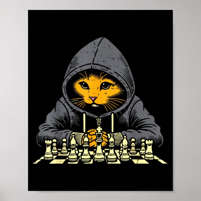 Orange Cat Hoodie Playing Chess Game Cool Women Me Poster (Front)