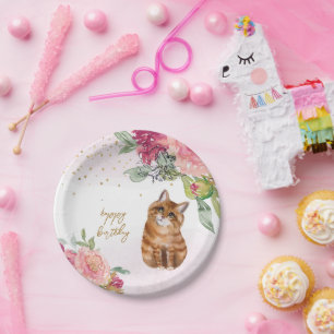 Orange Cat Illustration Happy Birthday Girl Party Paper Plate