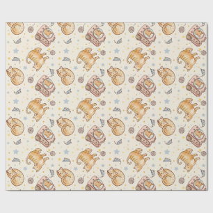 Orange Cat in a Backpack, Stars, and Yarn Wrapping Paper