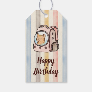 Orange Cat in a Backpack Watercolor Stripes Gift Tags