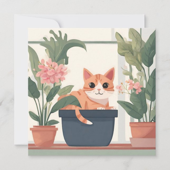 Orange Cat in a Flower Pot  Card (Front)