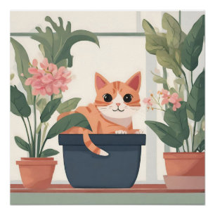 Orange Cat in a Flower Pot  Poster
