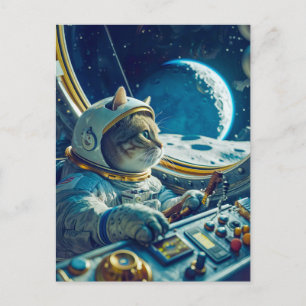 Orange cat in cockpit with planets outside holiday postcard