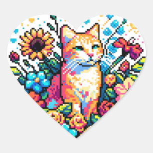 Orange Cat in Flowers Pixel Art Heart Sticker