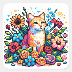 Orange Cat in Flowers Pixel Art Square Sticker