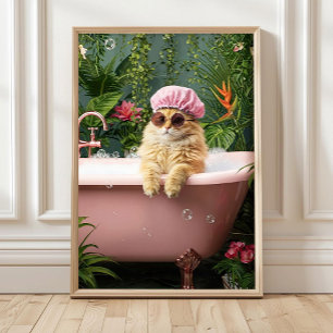 Orange Cat in Pink Bathtub Print Funny Cat Poster,