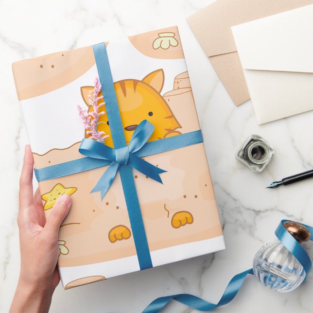 Orange Cat in Sandcastle Beach Scene Wrapping Paper (Creator Uploaded)