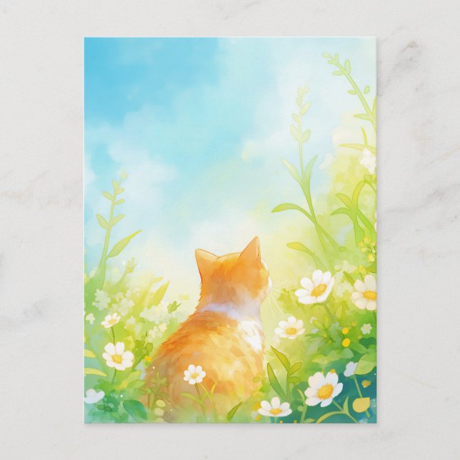 Orange Cat in Sunlit Daisy Meadow Postcard (Front)