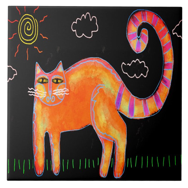 Orange Cat in the Sun Abstract Digital Painting Tile (Front)