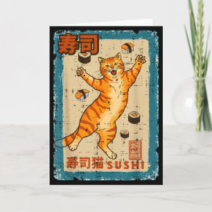 Orange Cat Jumng With Sushi Japanese Food Men Wome Card