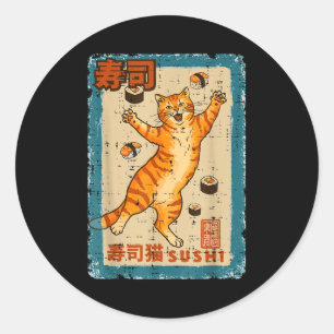 Orange Cat Jumng With Sushi Japanese Food Men Wome Classic Round Sticker