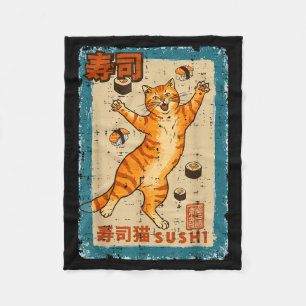 Orange Cat Jumng With Sushi Japanese Food Men Wome Fleece Blanket