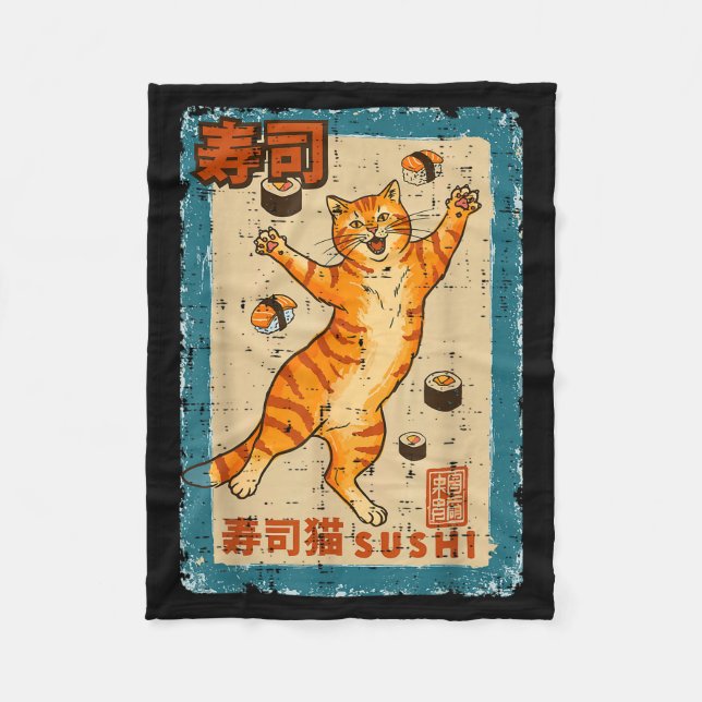 Orange Cat Jumng With Sushi Japanese Food Men Wome Fleece Blanket (Front)