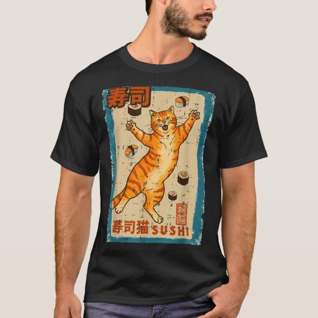 Orange Cat Jumng With Sushi Japanese Food Men Wome T-Shirt (Front)