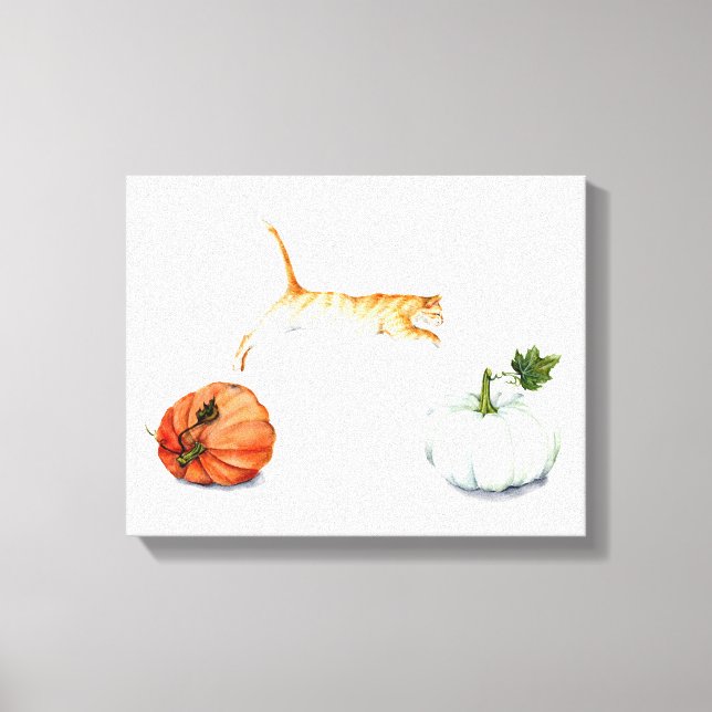Orange Cat Jumping Between Pumpkins Canvas Print (Front)