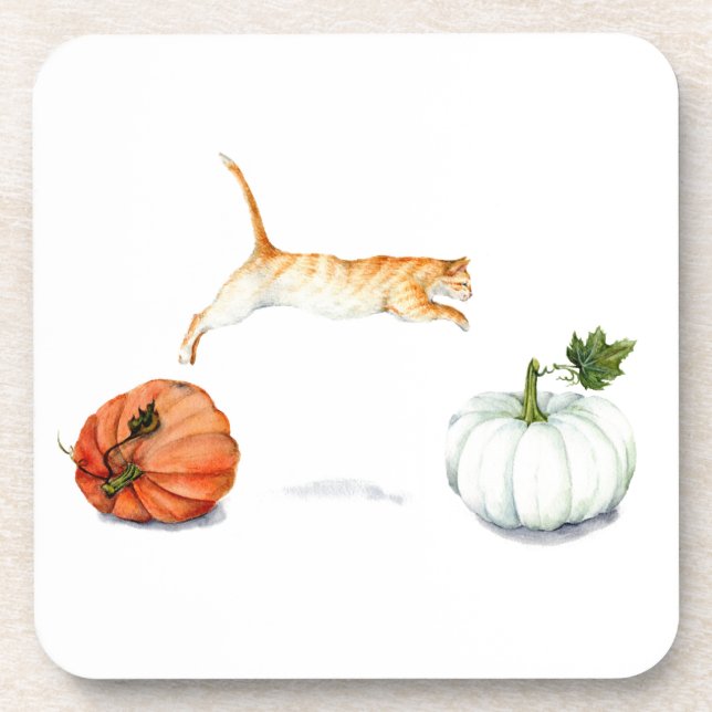 Orange Cat Jumping Between Pumpkins Coaster (Front)