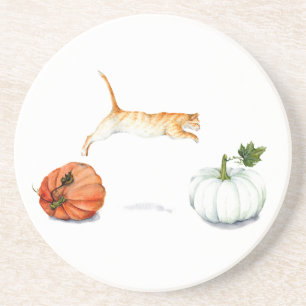 Orange Cat Jumping Between Pumpkins Coaster