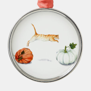 Orange Cat Jumping Between Pumpkins Metal Tree Decoration