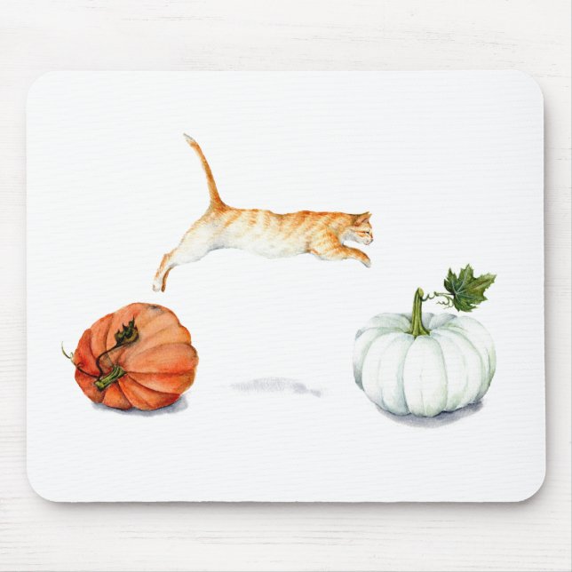 Orange Cat Jumping Between Pumpkins Mouse Mat (Front)