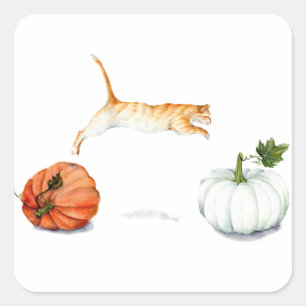 Orange Cat Jumping Between Pumpkins Square Sticker