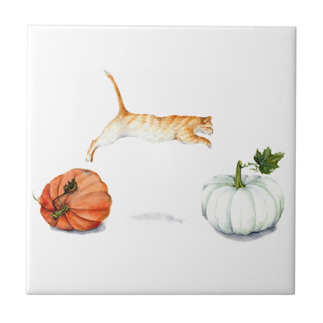 Orange Cat Jumping Between Pumpkins Tile (Front)